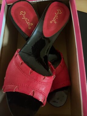 Qupid Red Slip-On Mules with Black Gloss Footbed
